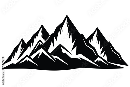 Detailed black and white vector illustration of mountain range silhouette with snowy peaks