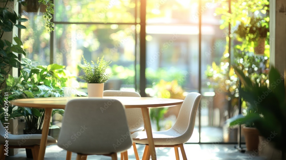 Fototapeta premium Sunlit Indoor Garden Cafe: Tranquil Dining Experience