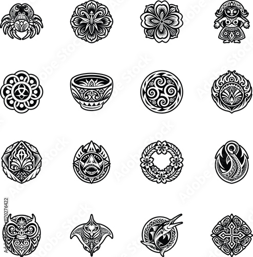 Set of Glyph Style Polynesian Culture Symbol Icons 

