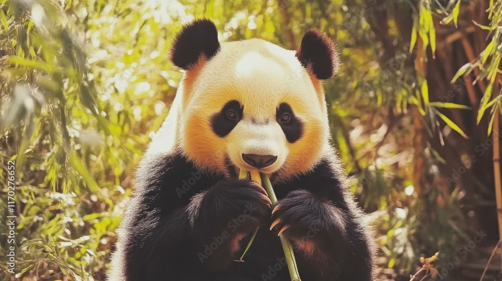 Fototapeta premium Panda enjoying a bamboo snack. AI.