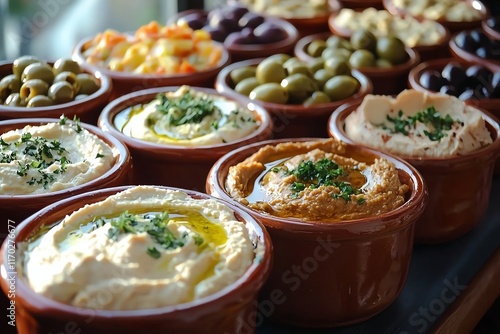 Mediterranean mezze spread in rustic ceramic containers, hummus, babaganoush, olives, soft window lighting, top view photo