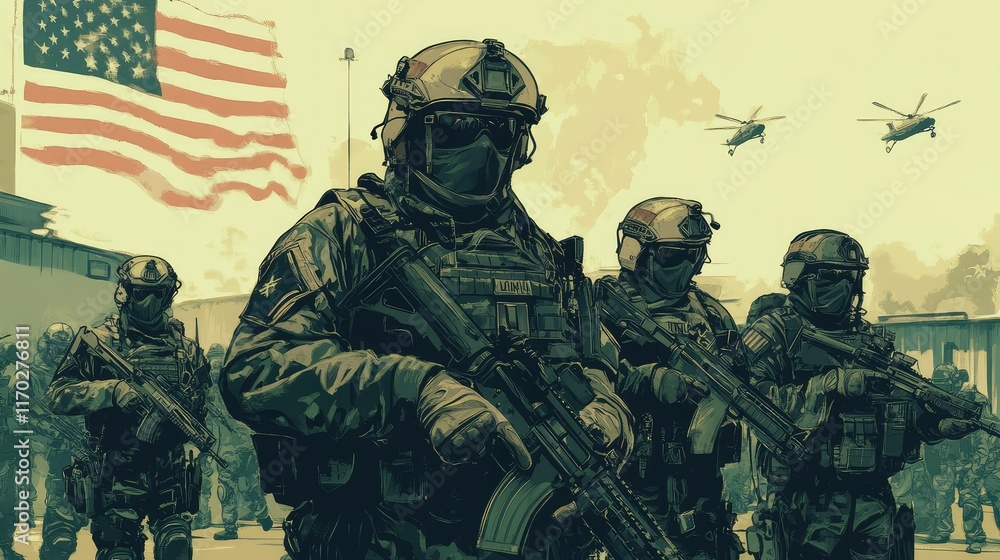 Fototapeta premium Military Personnel in Tactical Gear with American Flag Background