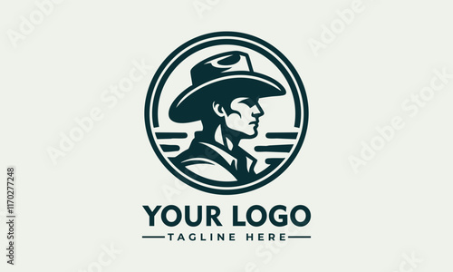 Cowboy in circular black and white landscape, suitable for westernthemed designs, print materials, apparel, and branding projects