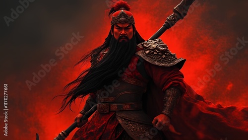 Imaginary Guan Yu behind the fire scene