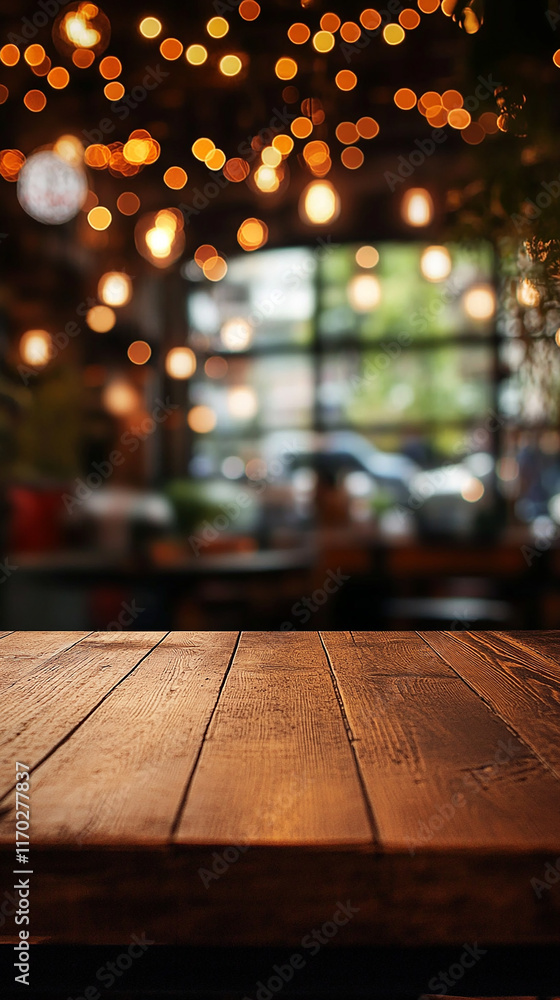empty wooden table top and blurred lights at the background empty wooden table top and blurred lights at the background