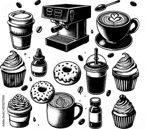 black and white graphic image of a set of attributes for a coffee shop