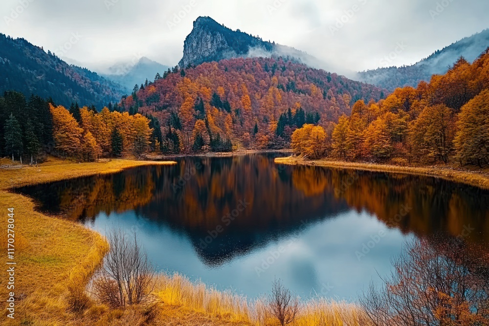 Autumn Reflections in Roosterrs Ridge: Colorful Lake amidst Gutaiului Mountains, Romania Autumn Reflections in Roosterrs Ridge: Colorful Lake amidst Gutaiului Mountains, Romania
