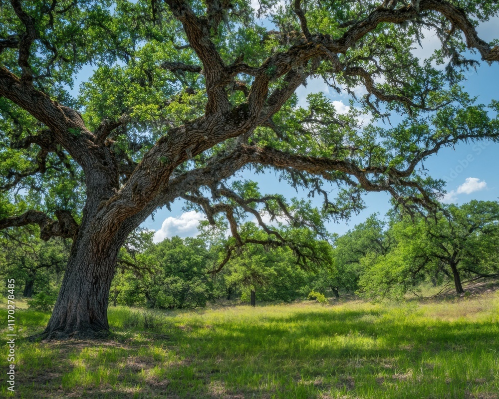 Majestic oak tree in a sunny field. AI. Majestic oak tree in a sunny field. AI.