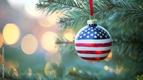 Close-up of a Christmas bauble featuring the USA flag, ideal for showcasing holiday decorations, American pride, Christmas cheer, and festive spirit during the holiday season.