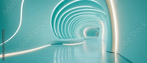 Unique architectural hallway with curved forms and bright turquoise colors in a modern building during daylight