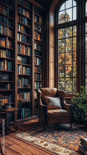 Cozy Reading Nook with Tall Windows and Bookshelf in Autumn Light