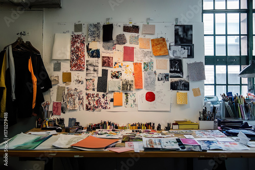 A creative agency workspace with a large mood board covered in fabric swatches, color samples, and sketches