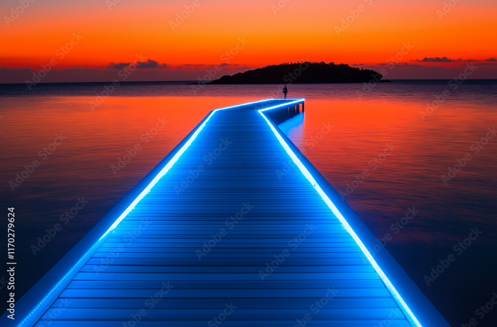 Fototapeta premium A long wooden pier lit up with LED lights leads into the ocean at sunset, with an island in view and calm waters
