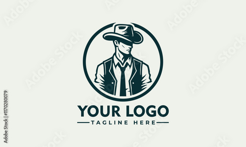 Cowboy in circular black and white landscape, suitable for westernthemed designs, print materials, apparel, and branding projects