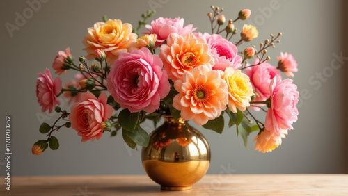 Wallpaper Mural Peach & Pink Roses in Gold Vase Floral Arrangement - Pastel colors Torontodigital.ca