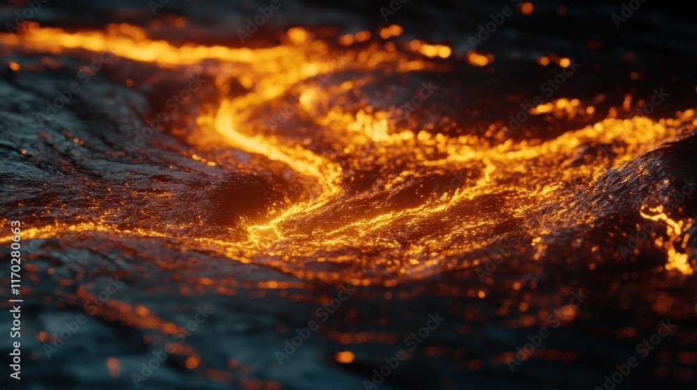 A close-up view of flowing lava, showcasing its bright orange glow against dark textures. A close-up view of flowing lava, showcasing its bright orange glow against dark textures.