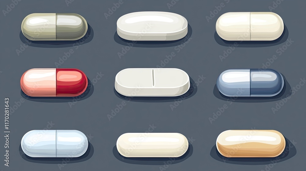 Set of assorted tablets and capsules isolated on background Set of assorted tablets and capsules isolated on background