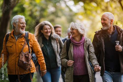 A group of friends enjoying a walk on a sunny day. Their laughter and conversation boost both mood and health