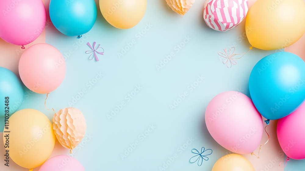 Pastel Balloons and Decorations Frame a Light Blue Background Pastel Balloons and Decorations Frame a Light Blue Background