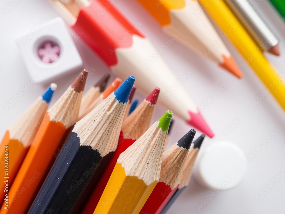 Fototapeta premium Bright orange pencil standing out in a pile of sharp pencil shavings, colorful, school project