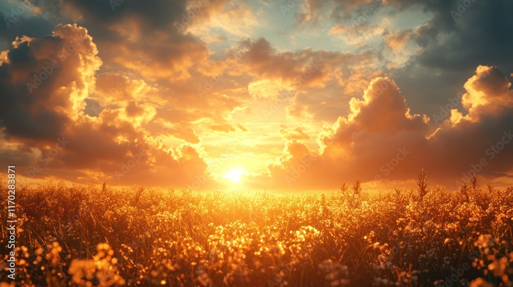 Obraz premium Vibrant sunset over a field of wildflowers.