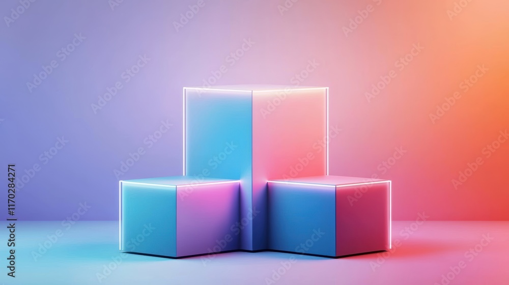 A trio of illuminated geometric shapes in vibrant blue and pink tones, set against a gradient background, creating a modern and artistic visual appeal. A trio of illuminated geometric shapes in vibrant blue and pink tones, set against a gradient background, creating a modern and artistic visual appeal.