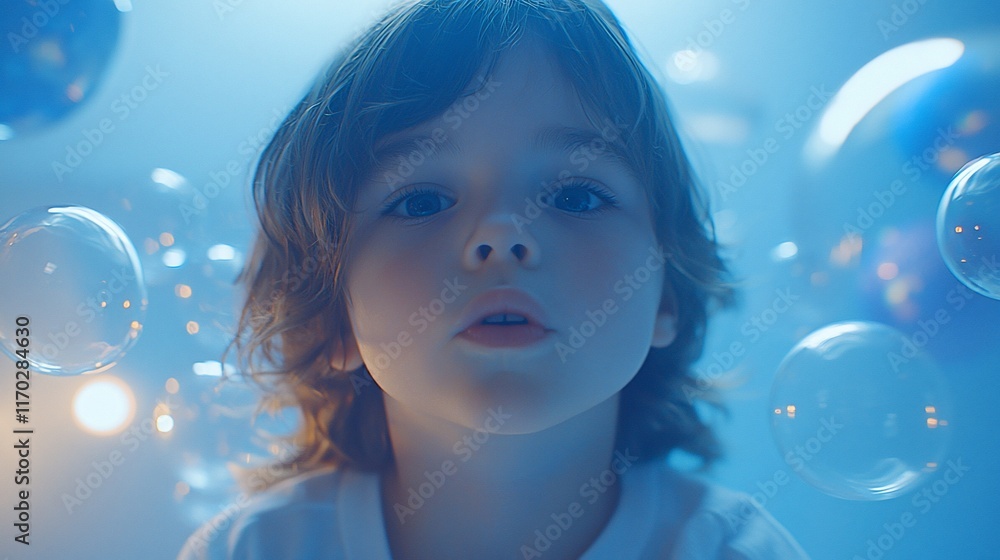 Child surrounded by dreamy bubbles. Child surrounded by dreamy bubbles.