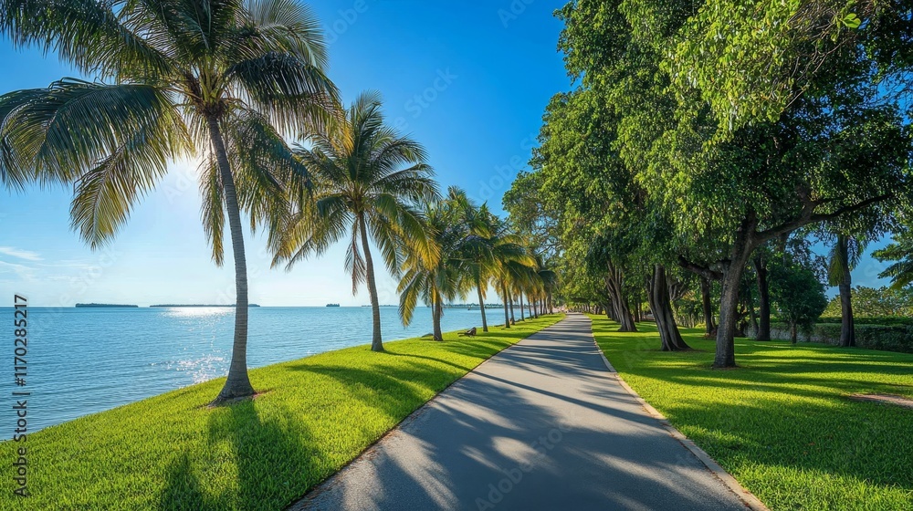 coastal path with lush palm trees and green grass coastal path with lush palm trees and green grass