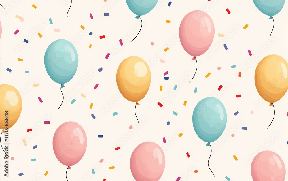 A cheerful pattern of colorful balloons against a light background, adorned with confetti, perfect for celebrations and festive occasions. A cheerful pattern of colorful balloons against a light background, adorned with confetti, perfect for celebrations and festive occasions.