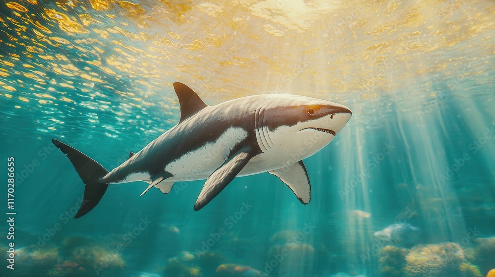 Obraz premium Ocean conservation sustains ecosystems with renewable practices. Majestic shark swimming in sunlit underwater scene.