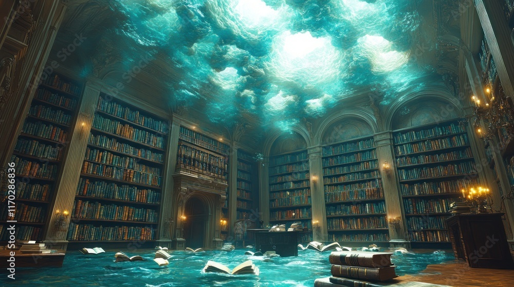 Obraz premium Submerged grand library; books float in turquoise water, light filters through an ethereal ceiling.
