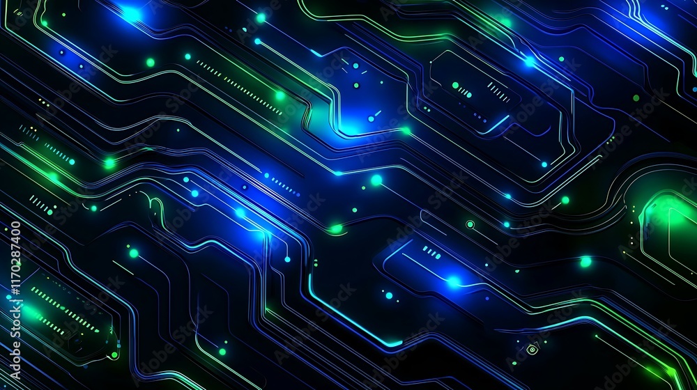 Abstract Glowing Circuit Board Design With Blue And Green Lines Abstract Glowing Circuit Board Design With Blue And Green Lines