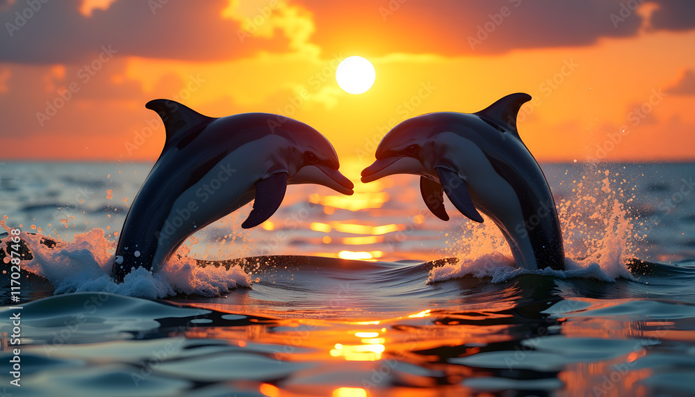 Fototapeta premium Dolphins Dancing in Sunset Spray