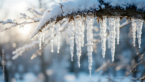 Detailed view of icicles hanging from a tree branch, sparkling in the winter light.
