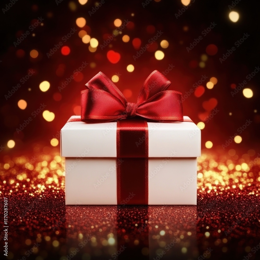 White gift box with red ribbon on red glitter background. White gift box with red ribbon on red glitter background.