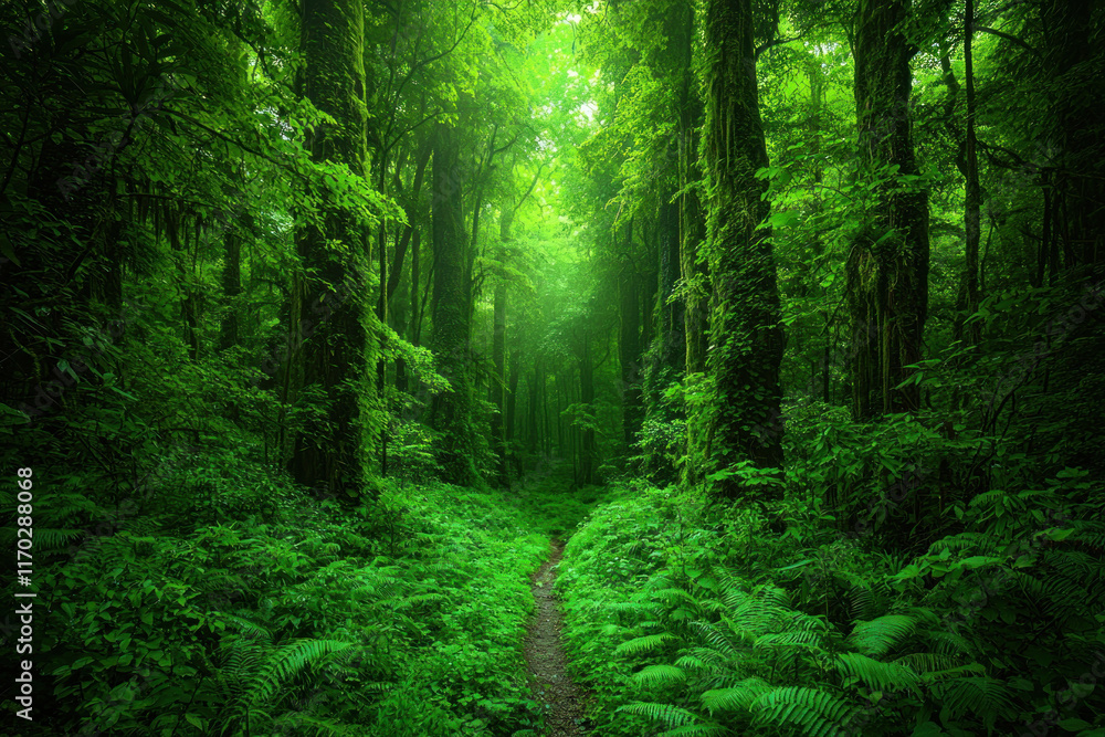 Obraz premium Magical path through lush green forest.
