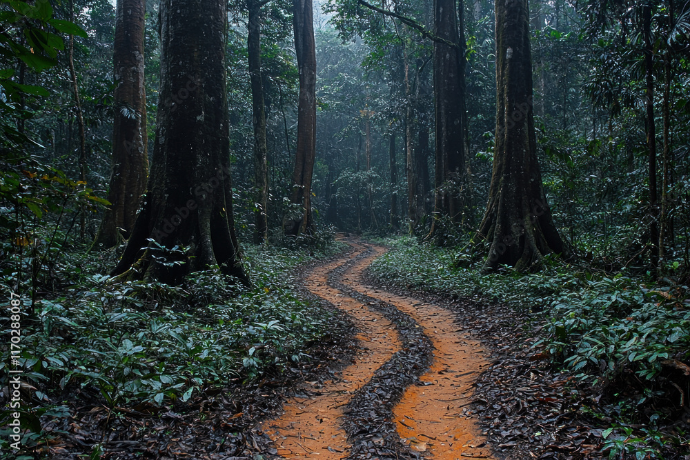 Fototapeta premium Winding dirt road through a misty rainforest.