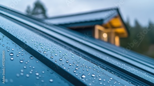 Droplets of rain collect on a metal surface, displaying a close-up view that captures the beauty of water on a rainy day