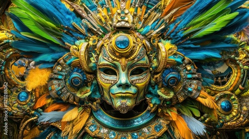 Close-up of an ornate, colorful carnival mask with feathers and jewels.