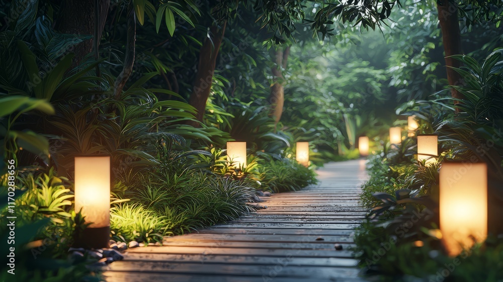 Obraz premium Serene Pathway Illuminated by Lanterns in Nature