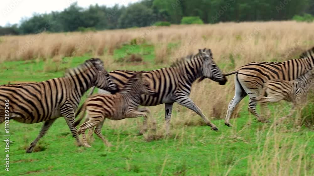 Herd of zebras running in a grassy field, symbolizing energy and unity outdoors Herd of zebras running in a grassy field, symbolizing energy and unity outdoors