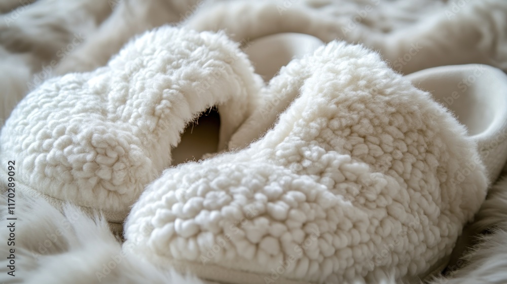 Close-up of fluffy white slippers on a soft, fluffy rug. Close-up of fluffy white slippers on a soft, fluffy rug.