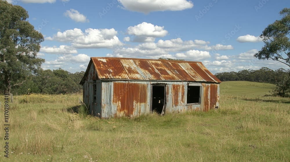 A weathered, rusted shed stands in a grassy field under a blue sky with fluffy clouds. A weathered, rusted shed stands in a grassy field under a blue sky with fluffy clouds.