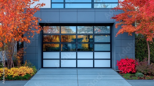 Modern Garage Door Surrounded by Vibrant Autumn Foliage
