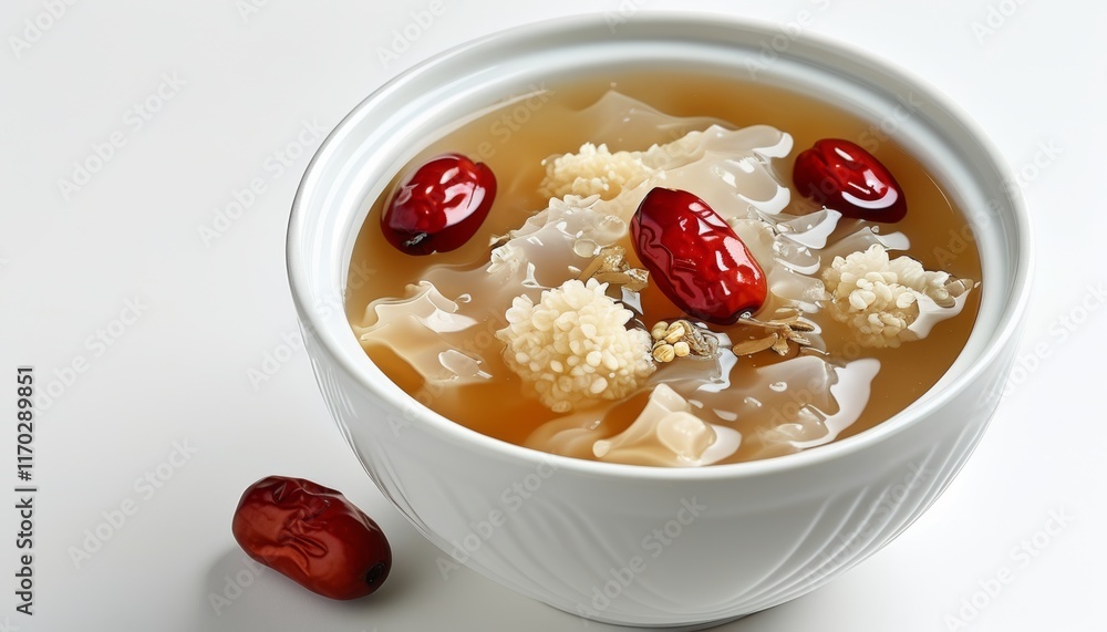 Delicious Snow Fungus Soup with Red Dates and Silky Texture in a White Bowl Delicious Snow Fungus Soup with Red Dates and Silky Texture in a White Bowl