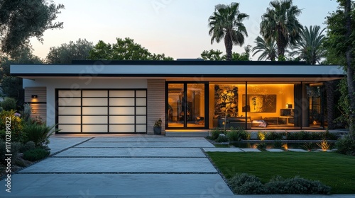 Modern House with Large Windows and Palm Trees at Dusk