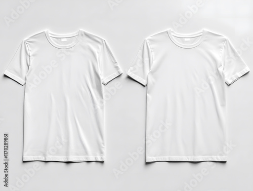 Front and back perspectives of plain white T shirts on a clear background