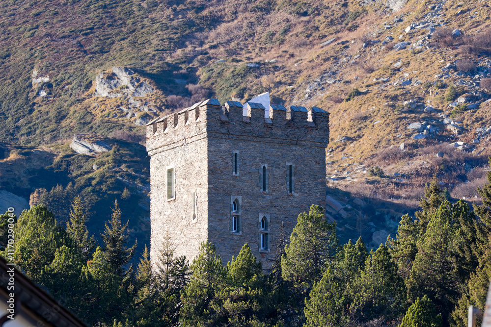 Torre Belvedere stone tower with fir trees and rocks in the background on a sunny autumn day. Photo taken November 15th, 2024, Maloja Bregaglia, Switzerland. Torre Belvedere stone tower with fir trees and rocks in the background on a sunny autumn day. Photo taken November 15th, 2024, Maloja Bregaglia, Switzerland.