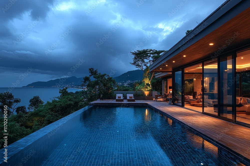 Obraz premium Luxury villa with swimming pool and wooden deck overlooking Phuket beach, ocean view, dark clouds, and panoramic night sky.