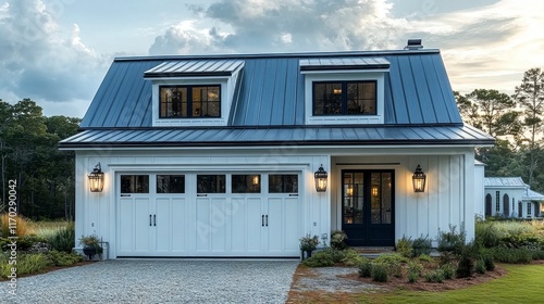 Charming Modern Farmhouse with Metal Roof and Lush Landscaping